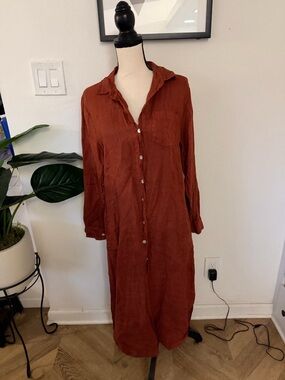 Rust Button-Up Long Shirt Dress